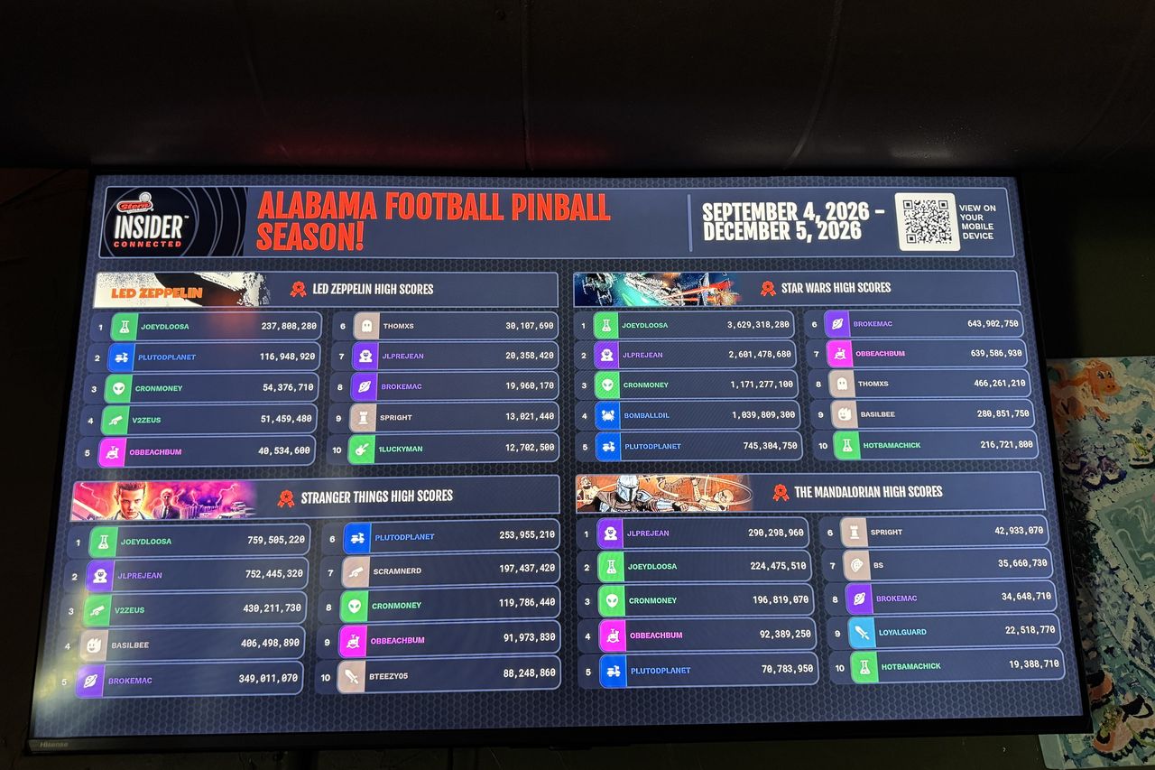 The Alabama Football Pinball Season leaderboard screen, high scores by machine
